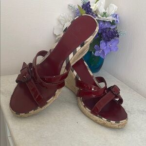 New Women's Burberry Burgundy Wedge Espadrille Sandals Sz 39